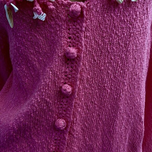 Vtg Cardigan Sweater Pink Fringe Mother Of Pearl Barbiecore Coquette feminine L - Picture 3 of 14